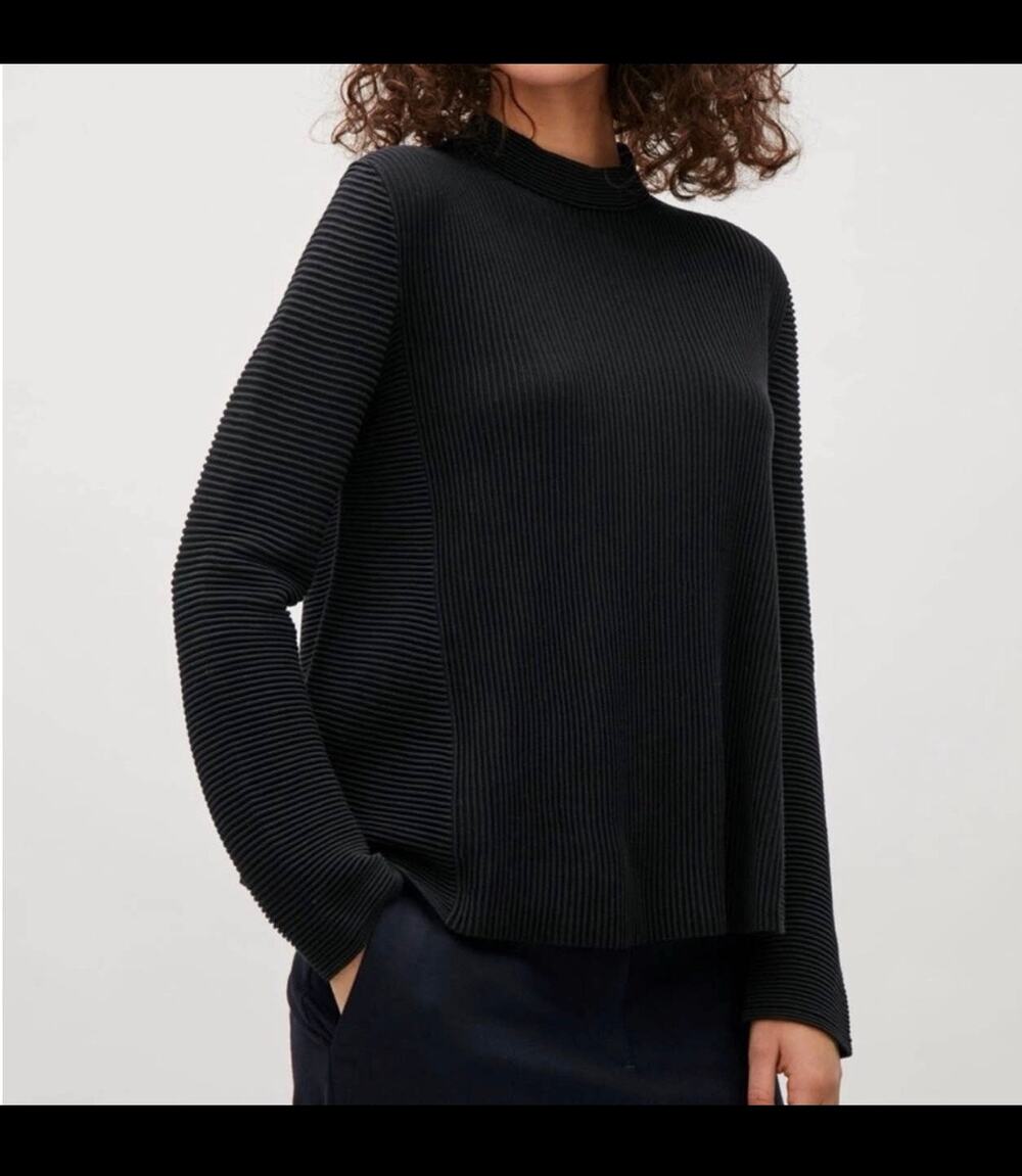 COS 100% Cotton Mock Neck Ribbed Textured Sweater Long Sleeve Pullover Black